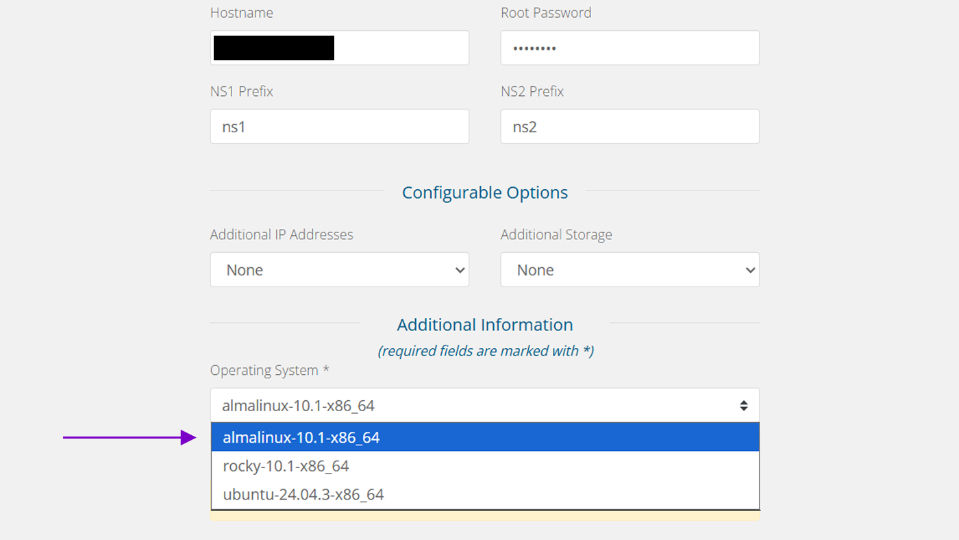 Order VPS and select AlmaLinux 9